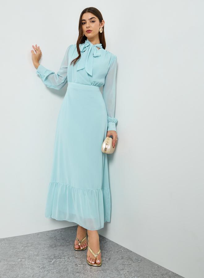 Styli Women Blue Chiffon Tie Up Neck Maxi Dress - Image 5